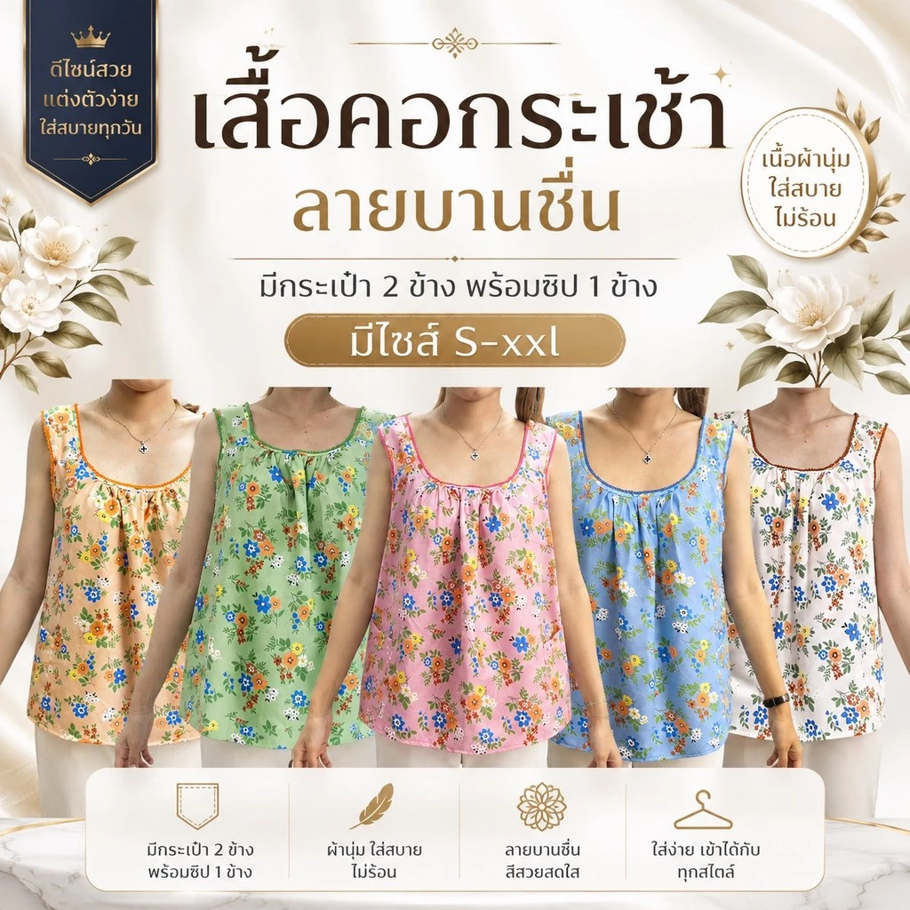 เสื้อคอกระเช้า แบบคอถัก ลายบานชื่น ผ้าไมโคร มีกระเป๋า 2 ข้าง 1ข้างมีซิป G01