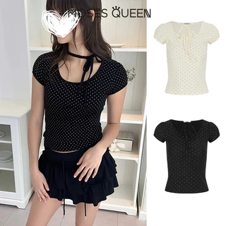 MOSESQUEEN เสื้อยืดแขนสั้นคอวีลายจุดผูกเชือกหวานและลําลองสําหรับฤดูร้อน-เสื้ออเนกประสงค์แบบผูกเชือกมีสไตล์สําหรับร่างกาย #63861