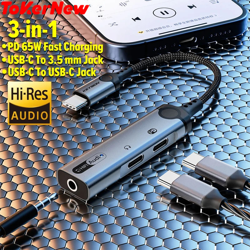 ToKerNew 3 in 1 ประเภท C ถึง 3.5 มม.หูฟัง DAC Audio Dual Type C แจ็คหูฟังอะแดปเตอร์ PD60W Fast Charging Splitter สําหรับโทรศัพท์