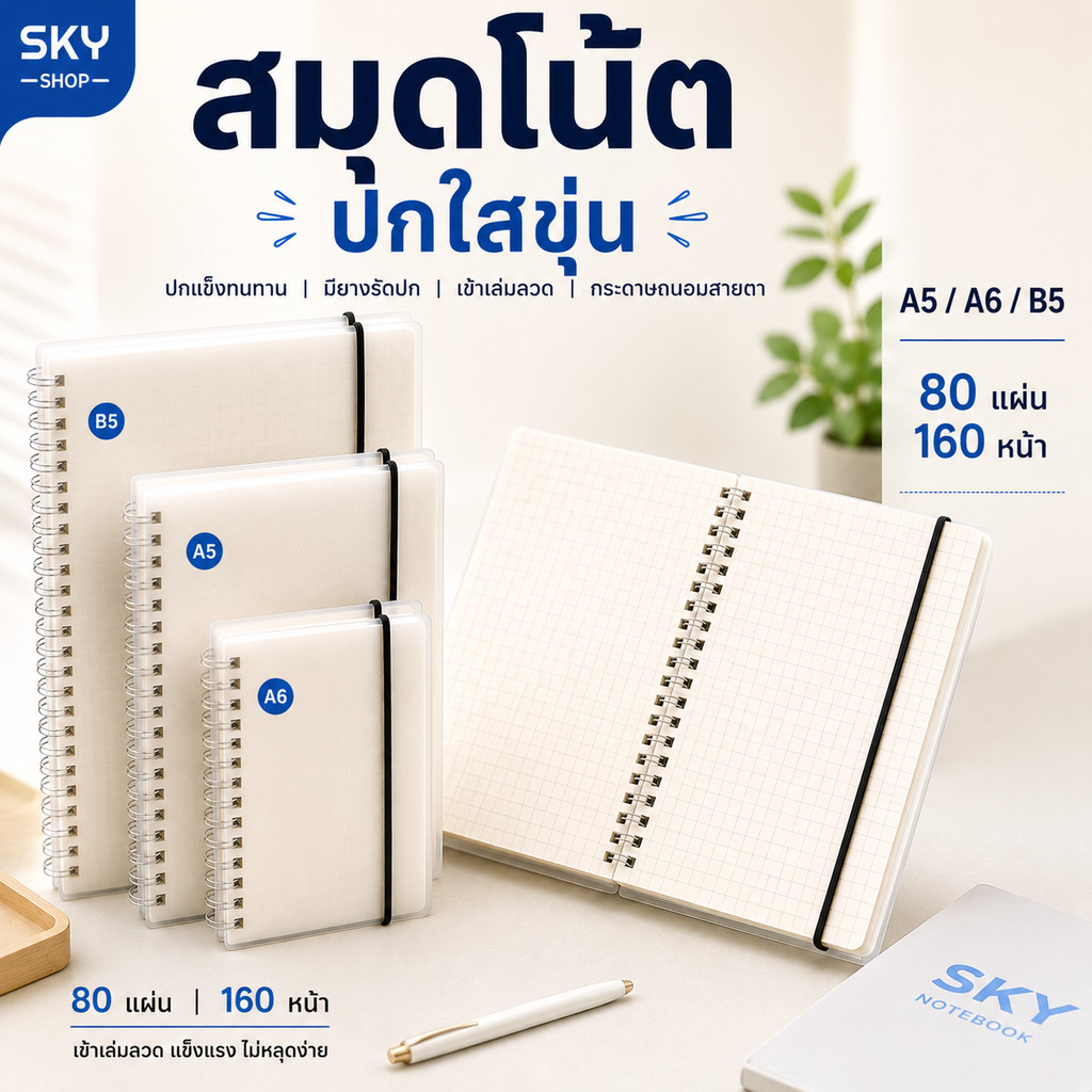 SKY สมุดโน้ตปกใสขุ่น ปกแข็ง มียางรัด เข้าเล่มลวด Grid Dot Line Blank A5 A6 B5 80 แผ่น 160 หน้า Spiral Notebook