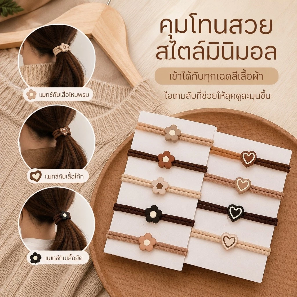 ยางมัดผมสไตล์เกาหลี 5 ชิ้น แฮนด์เมด ยืดหยุ่นสูงสุด ทนทาน สีดำ สำหรับผมทุกประเภท พร้อมส่ง