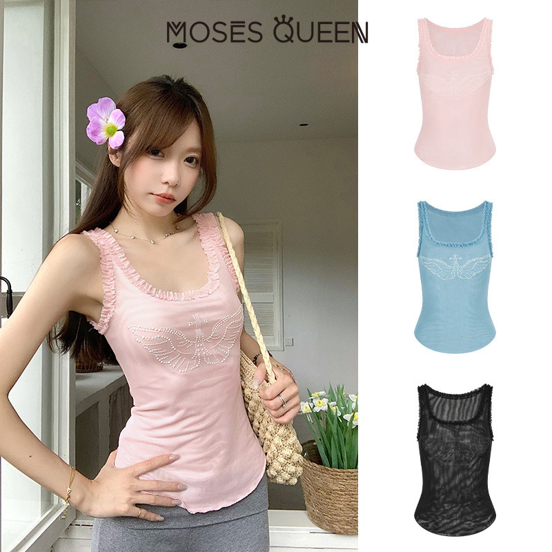 MOSESQUEEN เสื้อตัวเต็มรูปแบบไม่มีสาย ที่ทำจากผ้าไหมและลูกปัด พร้อมตาข่ายไม้ ใส่ได้กับเสื้อคอสูงแบบดัมพันน์ ให้ความรู้สึกเย็นสบาย สำหรับสาวๆ #63718