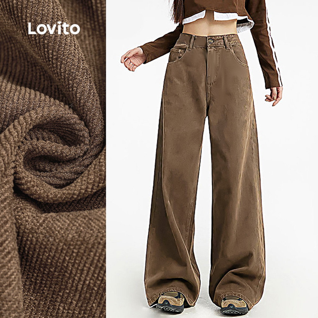Lovito กางเกงผ้าสบาย กระเป๋าแนบ หลังเท้าสปริง/ฤดูร้อน สีน้ำตาล สำหรับผู้หญิง LBL26273