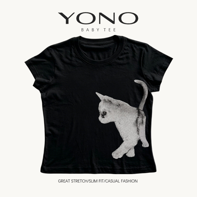 (พร้อมส่ง24ชม.) baby tee สีดำ ลายลูกแมวสีเทาขาว ฟีลมินิมอลดาร์ก ทรงเข้ารูป ใส่ชิคทุกวัน