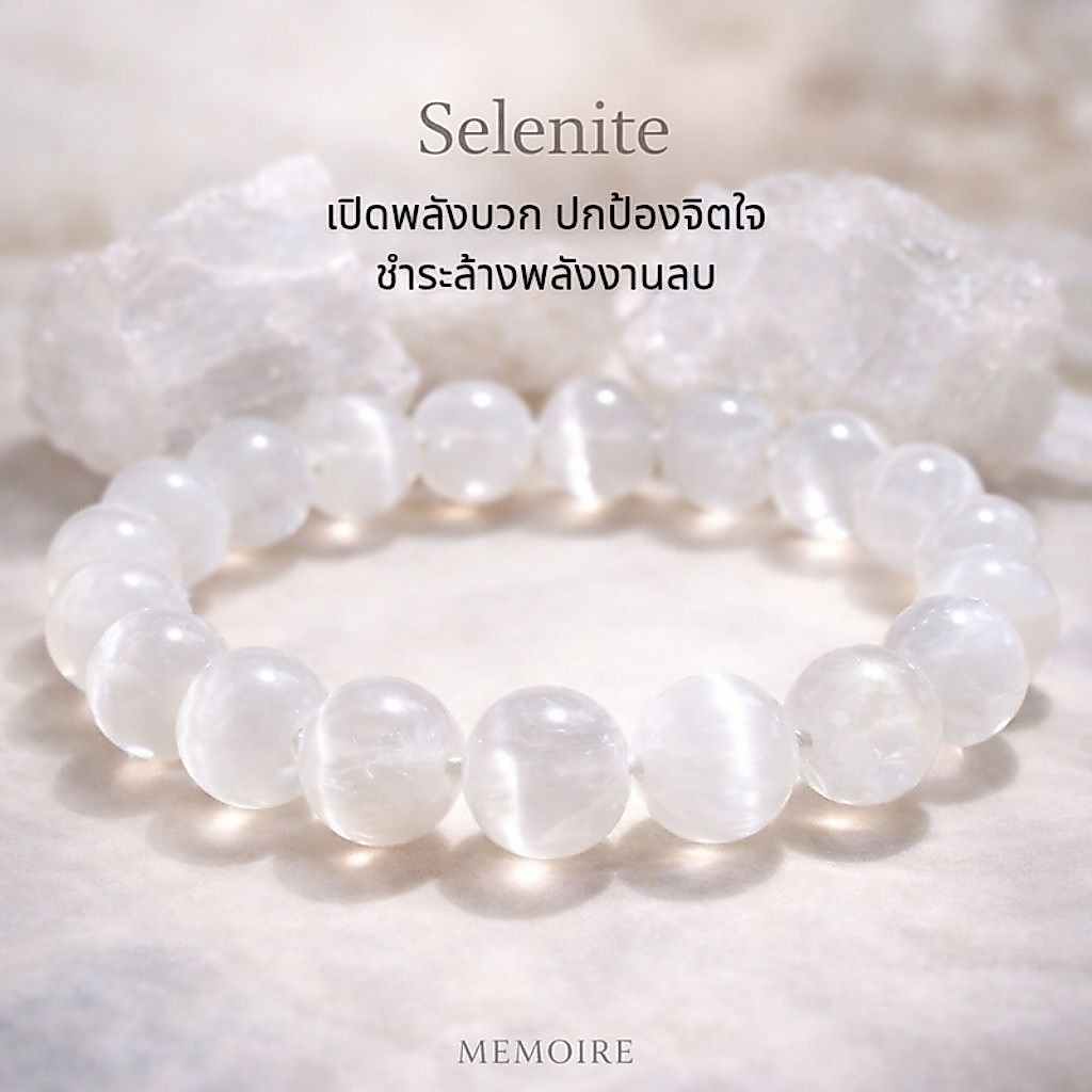 กำไลหิน เซเลไนท์ Selenite แท้ | ประกายตาแมวธรรมชาติ เสริมพลังบวก สงบใจ