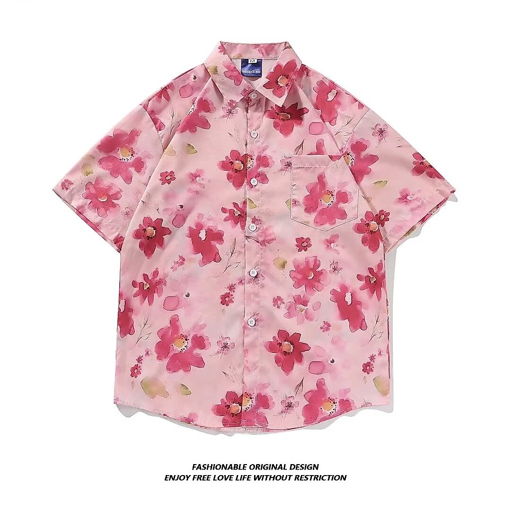 เสื้อเชิ้ตลายดอกไม้แขนสั้นฤดูร้อนสําหรับผู้ชายและผู้หญิงหลวมสบายๆเสื้อฮาวายชายหาดวันหยุดเสื้อ