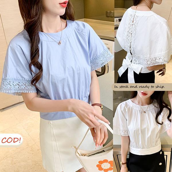 mimi เสื้อเชิ้ตแขนสั้นไซส์ใหญ่ลูกไม้สำหรับผู้หญิง คอกลม ดีไซน์เจาะรูช่วงเอวใหม่รับซัมเมอร์ ดีไซน์ผูกโบว์ด้านหลัง#W731