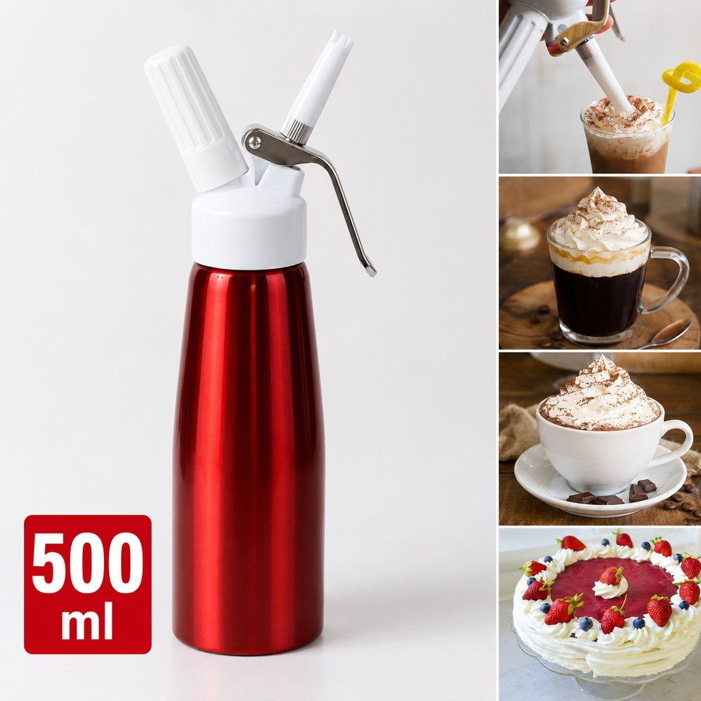 กระบอกวิปครีม 500ml สีแดง หัวบีบหลายแบบ ใช้ทำครีม โฟมกาแฟ เค้ก คัพเค้ก ล้างง่าย ทนทานในครัวมากๆ