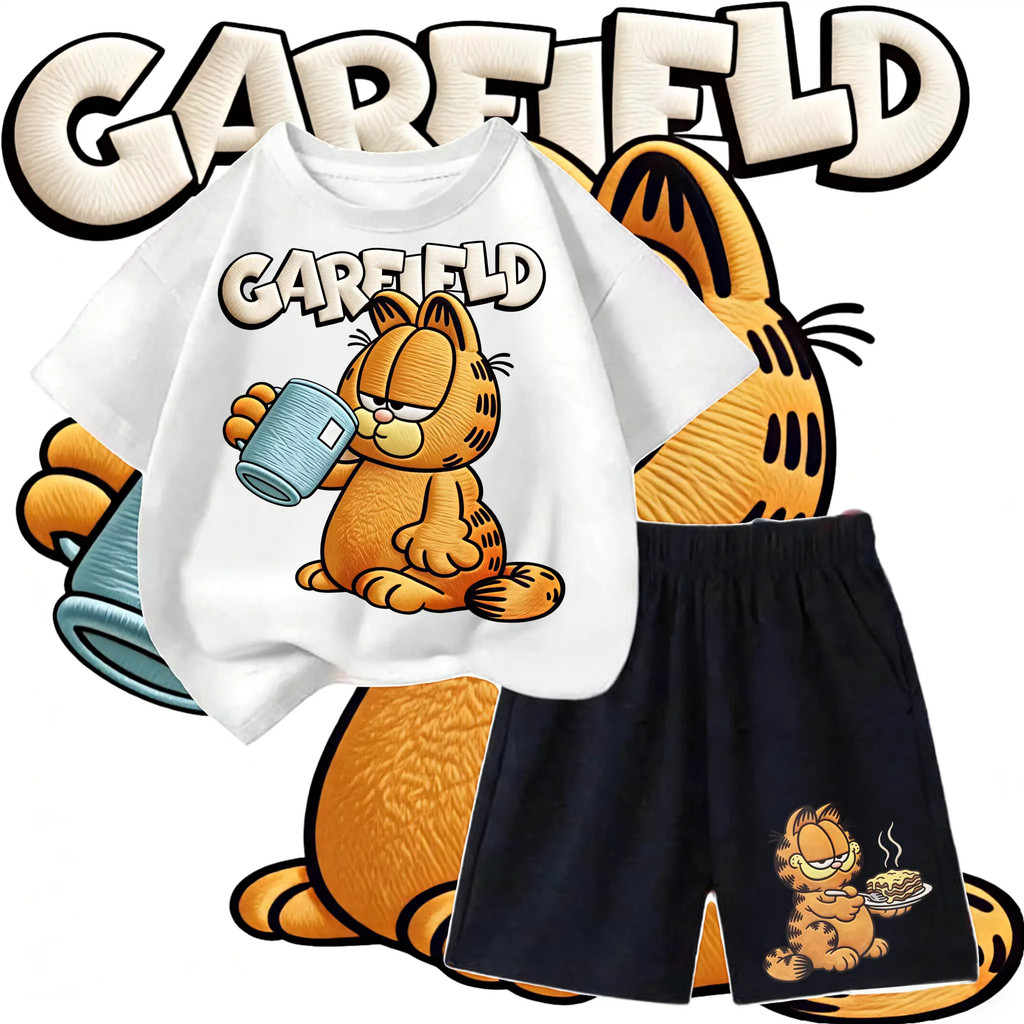 แมวGarfieldกินของอร่อยน่ารักมาก! ชุดใส่บ้านเด็ก 2 ชิ้น ใส่สบาย ไม่รัดหน้าท้อง ซื้อใส่เองหรือส่งของขวัญก็เลิศม