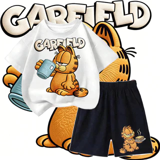 แมวGarfieldกินของอร่อยน่ารักมาก! ชุดใส่บ้านเด็ก 2 ชิ้น ใส่สบาย ไม่รัดหน้าท้อง ซื้อใส่เองหรือส่งของขวัญก็เลิศม