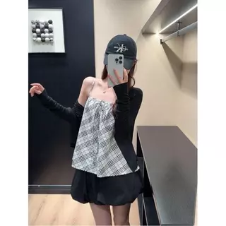 เสื้อคาร์ดิแกนถักสีดําสไตล์เกาหลีเหมาะสําหรับฤดูใบไม้ร่วงสวมใส่.จับคู่ตรวจสอบเสื้อกั๊กเพื่อสร้างหวานเซ็กซี่สองชิ้นสไตล์เลดี้แฟชั่นลูกไม้เสื้อกั๊กแขนกุดออก