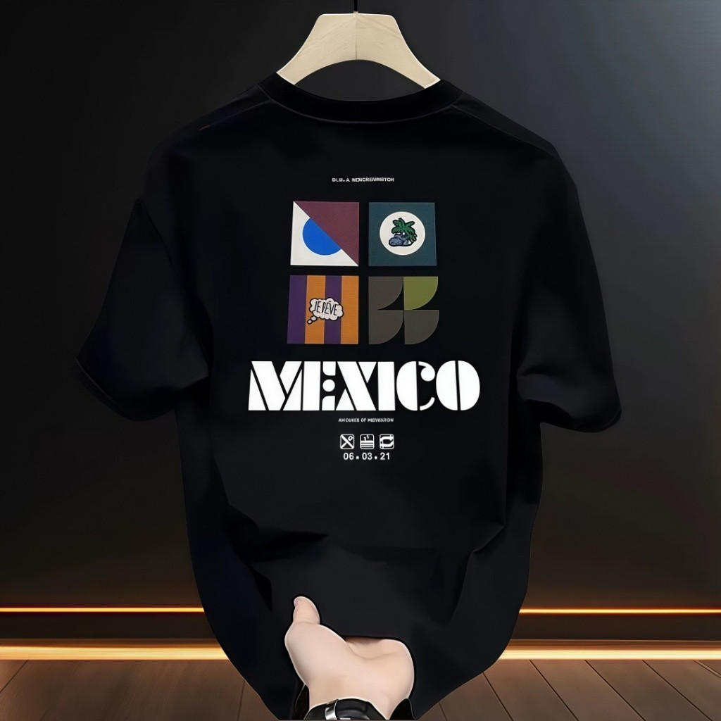 ผู้ชายสีดํา Oversize American Style Mexican Motif เสื้อยืด Cool Vintage Mens Distro เสื้อยืด