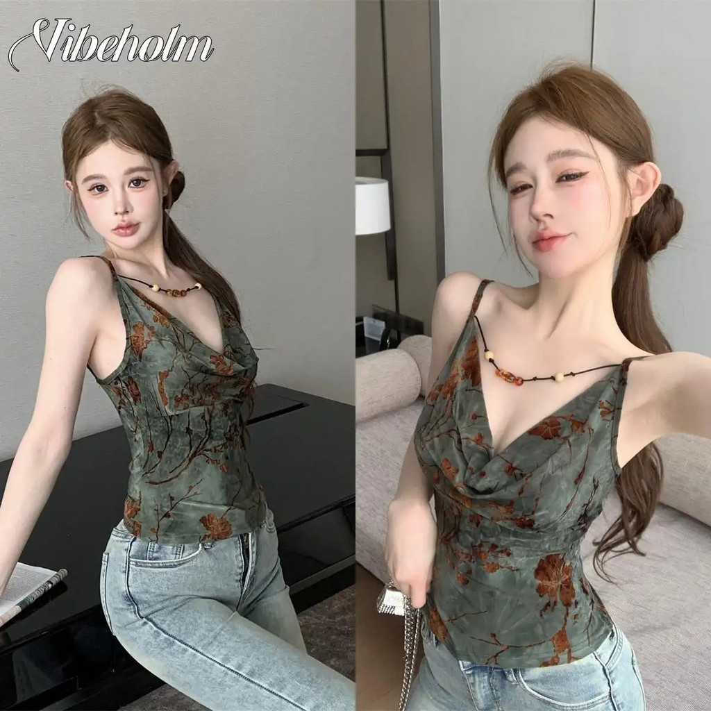 กั๊กปาดไหล่ประดับลูกปัด ลายวินเทจ สําหรับผู้หญิง เสื้อครอปเข้ารูป แฟชั่นฤดูร้อน แมทช์กับเสื้อคลุม เสื้อแขนกุด หรือใส่เดี่ยวก็ดูเก๋