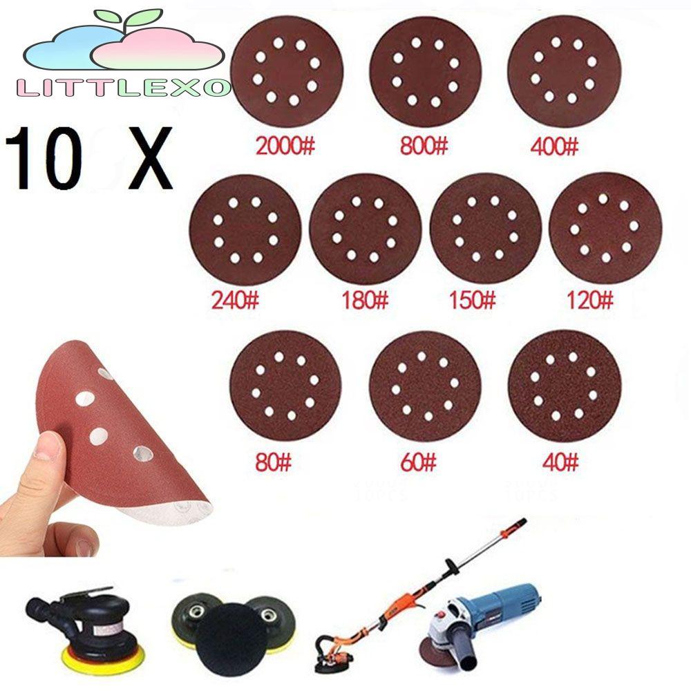 LITTLEX 10PCS กระดาษทรายขัดสีแดงทรงกลม 5 นิ้ว 8 หลุมแผ่นขัดทดแทน