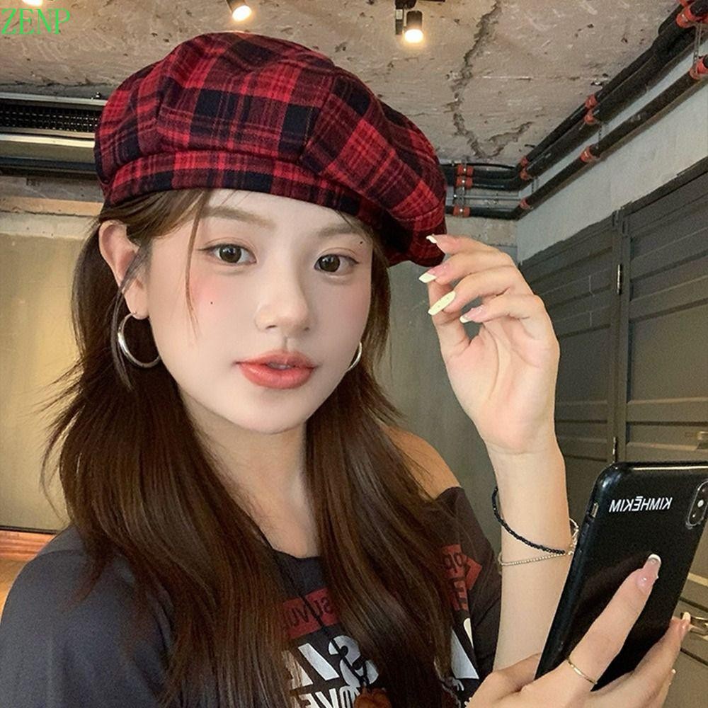 หมวกเบเรต์สีแดงลายสก๊อต ZENPULSE ดีไซน์วินเทจญี่ปุ่น Harajuku เหมาะสำหรับสไตล์เรโทรและมัลติยูส