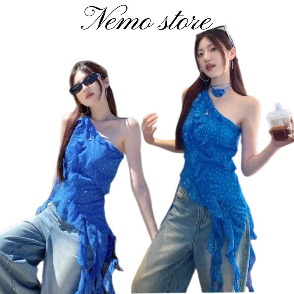 Nemo store #FY2908 เสื้อกล้าม ดีเทลลายข้างเดียว น่ารักๆ สีน้ำเงินลายจุด ดีเทลปลายหยักเก๋ๆ เสื้อกล้ามผู้หญิง – โปรปัง