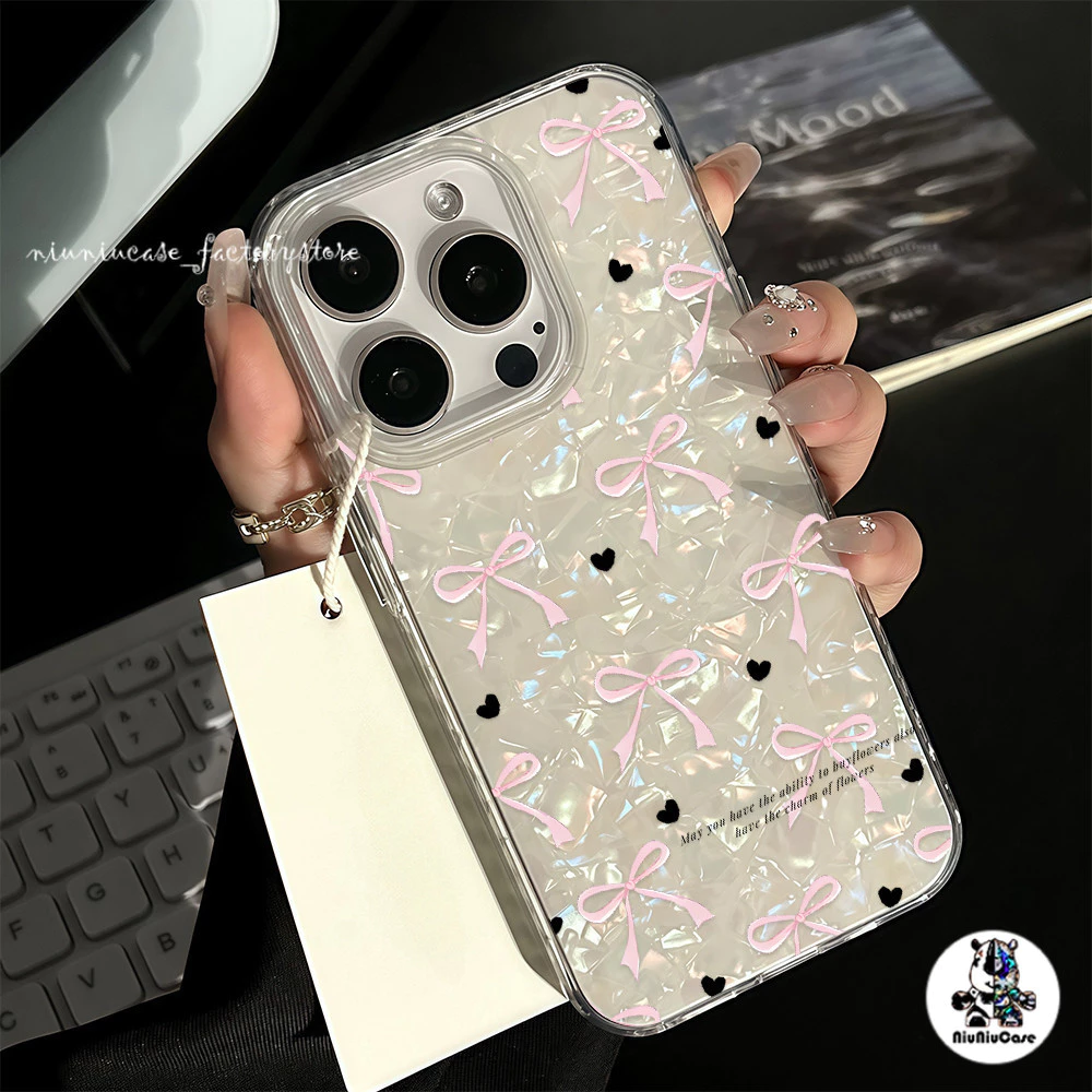 สำหรับ เคสไอโฟน16 โบว์สีชมพู ลายเปลือกหอย For IPhone 12 11 15 13 16 14 Pro Max XR XS X Max 7 8 16 Plus SE เคสไอโฟนสวยๆ