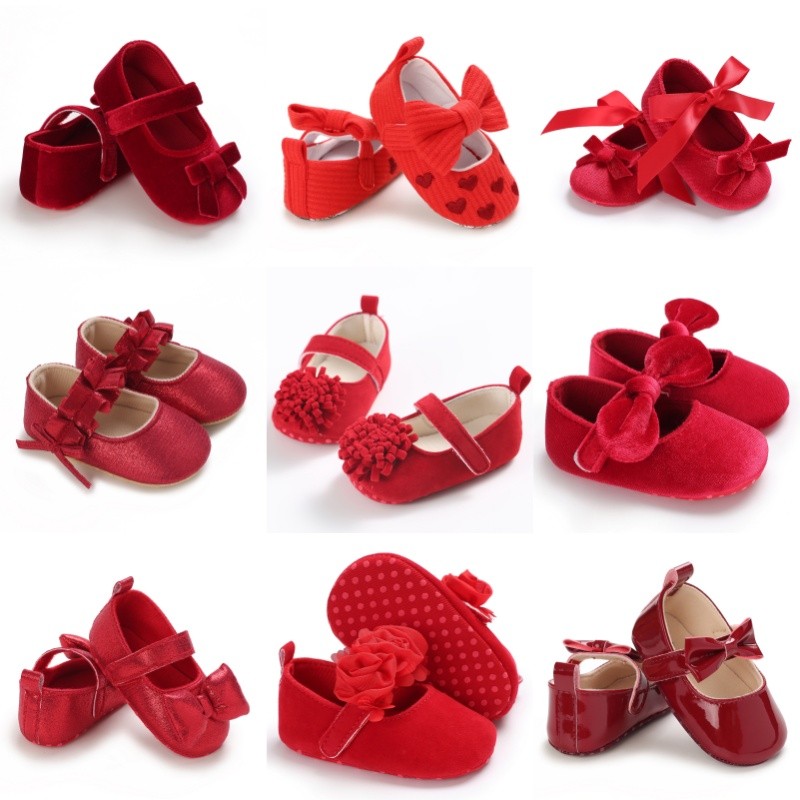 รองเท้าเด็กสไตล์เจ้าหญิงสำหรับทารกวัย 0-1 ปี สีแดง สวมใส่ง่ายและสบายในวันหยุด