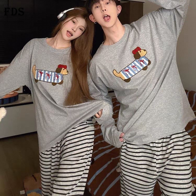 FDS Dachshund ชุดนอนคู่ แขนยาว รอบคอน่ารัก เหมาะสมในฤดูใบไม้ผลิและฤดูใบไม้ร่วง