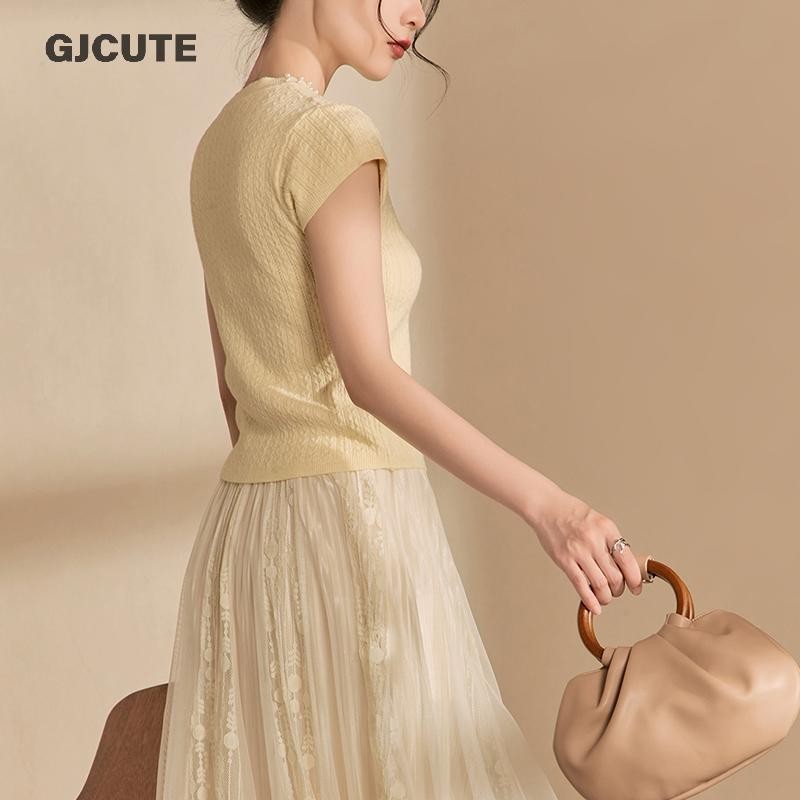 GJCUTE อารมณ์ฝรั่งเศสลูกปัดรอบคอแขนสั้นเสื้อยืดถักบางสําหรับผู้หญิง WTD