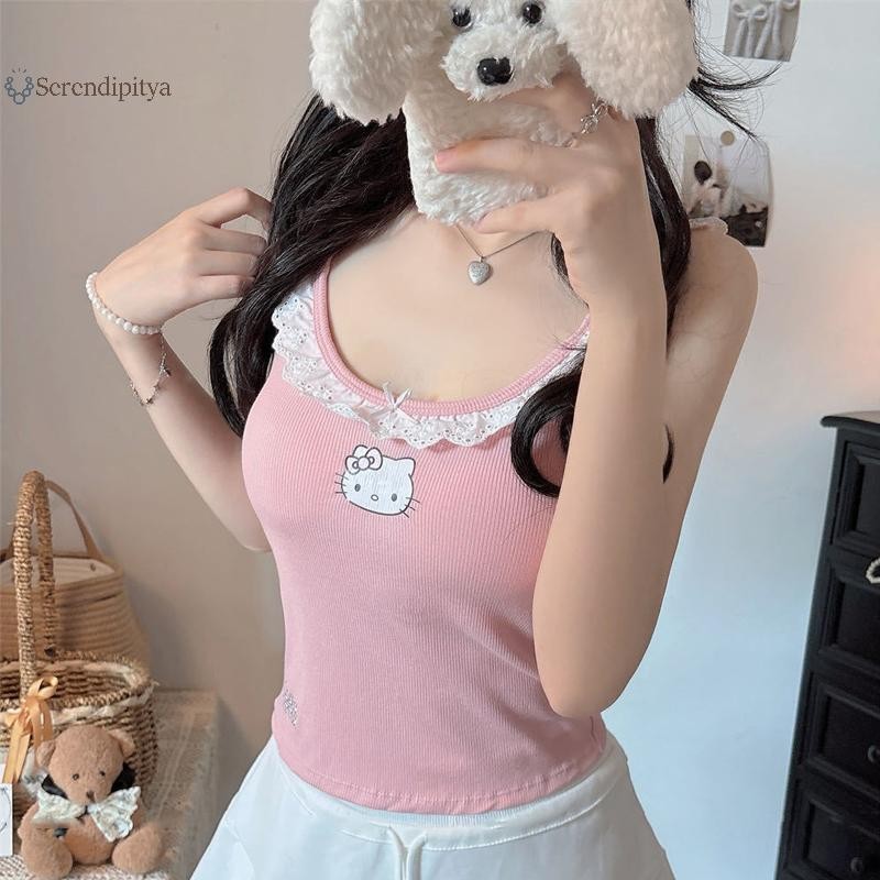 เสื้อสายเดี่ยว Hello Kitty ลายแพทเวิร์ค ทรงยูเนิร์น สำหรับผู้หญิง เหมาะสมในฤดูร้อน