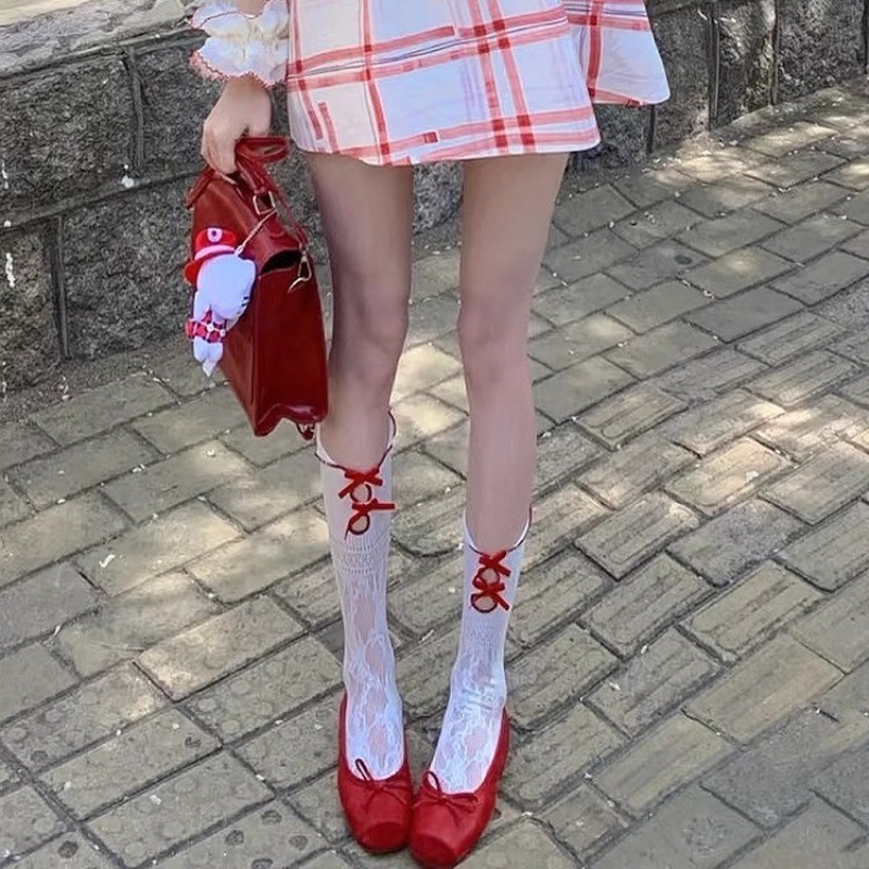 ถุงเท้าลูกวัวญี่ปุ่น สไตล์ lolita หวาน สีแดงมีโบว์ แบบหลอดกลวง - รูปที่ 5
