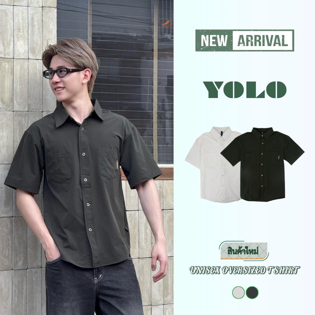 YOLO เสื้อเชิ้ต OVERZISE เสื้อเชิ้ตผู้ชาย เสื้อเชิ้ตลายทาง แขนสั้น ติดกระดุมหน้า Y25312