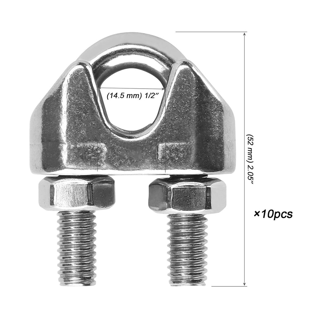 MOUYAT 10 แพ็ค 1/2 นิ้ว M12 ลวดสลิง Clamp, 304 สแตนเลสสตีล, U Bolt Saddle Fastener N05Z