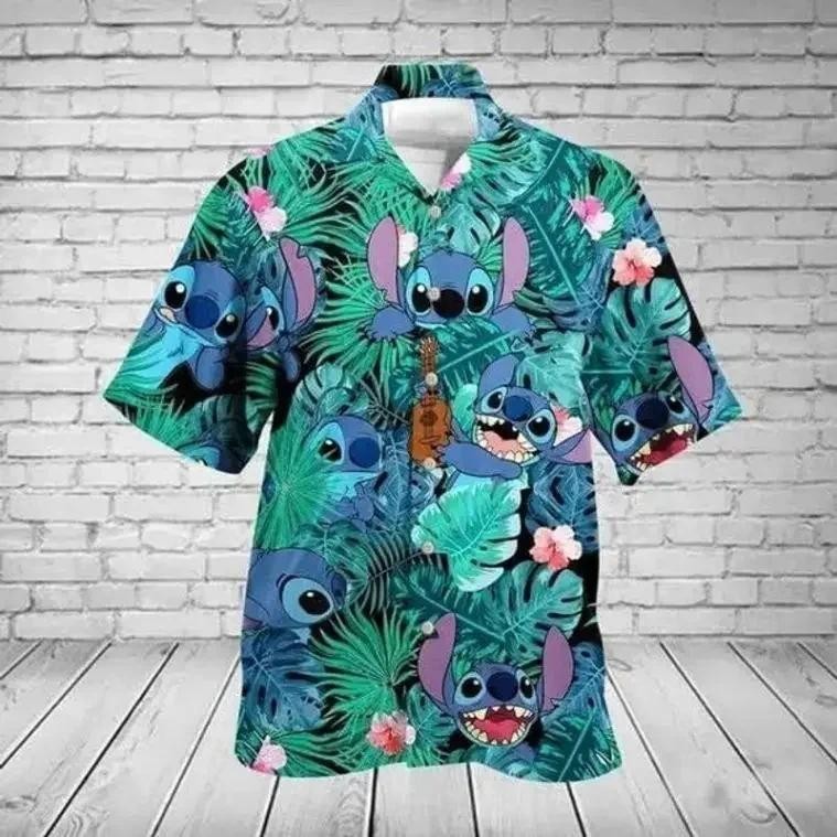 Stitch ฮาวาย Beach ฤดูร้อน Disney วินเทจ ปุ่มลง เสื้อยืด Stitch ผู้ชายผู้หญิง