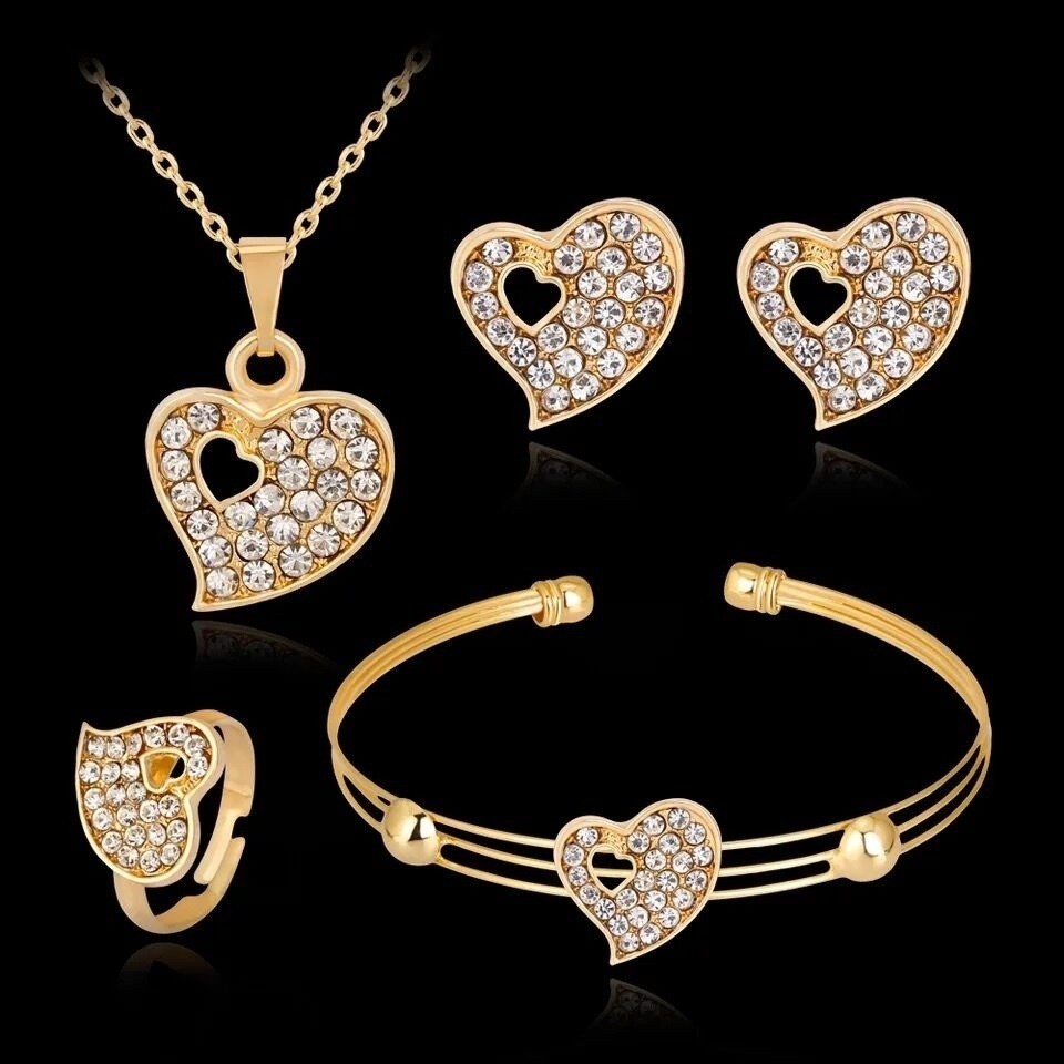 4 in 1 Hollow Diamond Love สร้อยคอและต่างหู, KC Alloy Premium Womens Jewelry Set