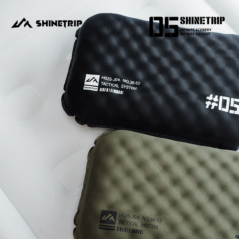 【HODR】SHINETRIPหมอนแคมป์ปิ้งแบบเป่าลมแบบเบาพร้อมเมมโมรี่โฟม แผ่นรองคอตามหลักสรีรศาสตร์, อุปกรณ์กลางแจ้งฝาครอบผ้าไหมน้ําแข็งและขนแกะ