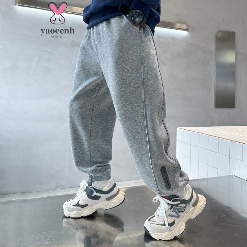 【YAOEENH】120-170 ซม.ขนาดกลางเด็กใหญ่หลวมสบายๆกางเกงขายาวฤดูใบไม้ร่วงฤดูหนาวเด็ก Luminous Strips Plus กํามะหยี่ All-Match กางเกงกีฬา
