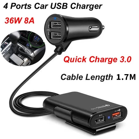 QC3.0 รถ 4 พอร์ต USB 3.1A 8A Fast Charging Car Charger Super 4 in 1 เครื่องชาร์จโทรศัพท์ HP USB 2 พอ