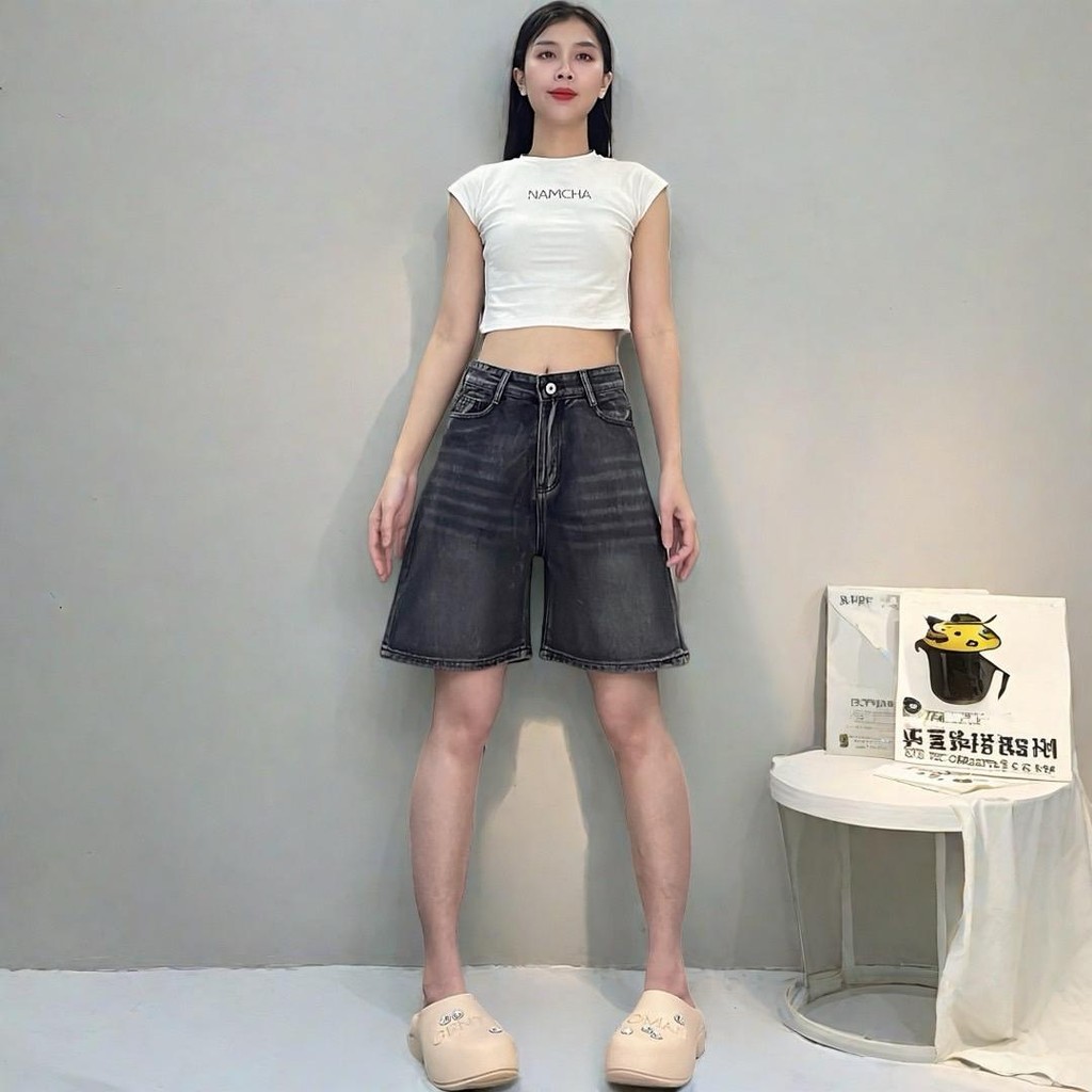 NAMCHA กางเกงยีนส์ กางเกงยีนส์สามส่วน ยีนส์ขาสั้น สีดำฟอกแต่งเฟด 2635