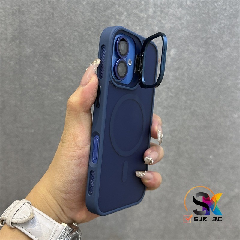 วงเล็บแม่เหล็ก สีน้ําเงินเข้ม โลหะพื้นผิวเปลือกแข็งฝ้าเข้ากันได้กับ iPhone 17 16 15 14 13 12 11 Pro Max Plus 17Air ปลอก Matte Starry Orange เคสป้องกันโทรศัพท์