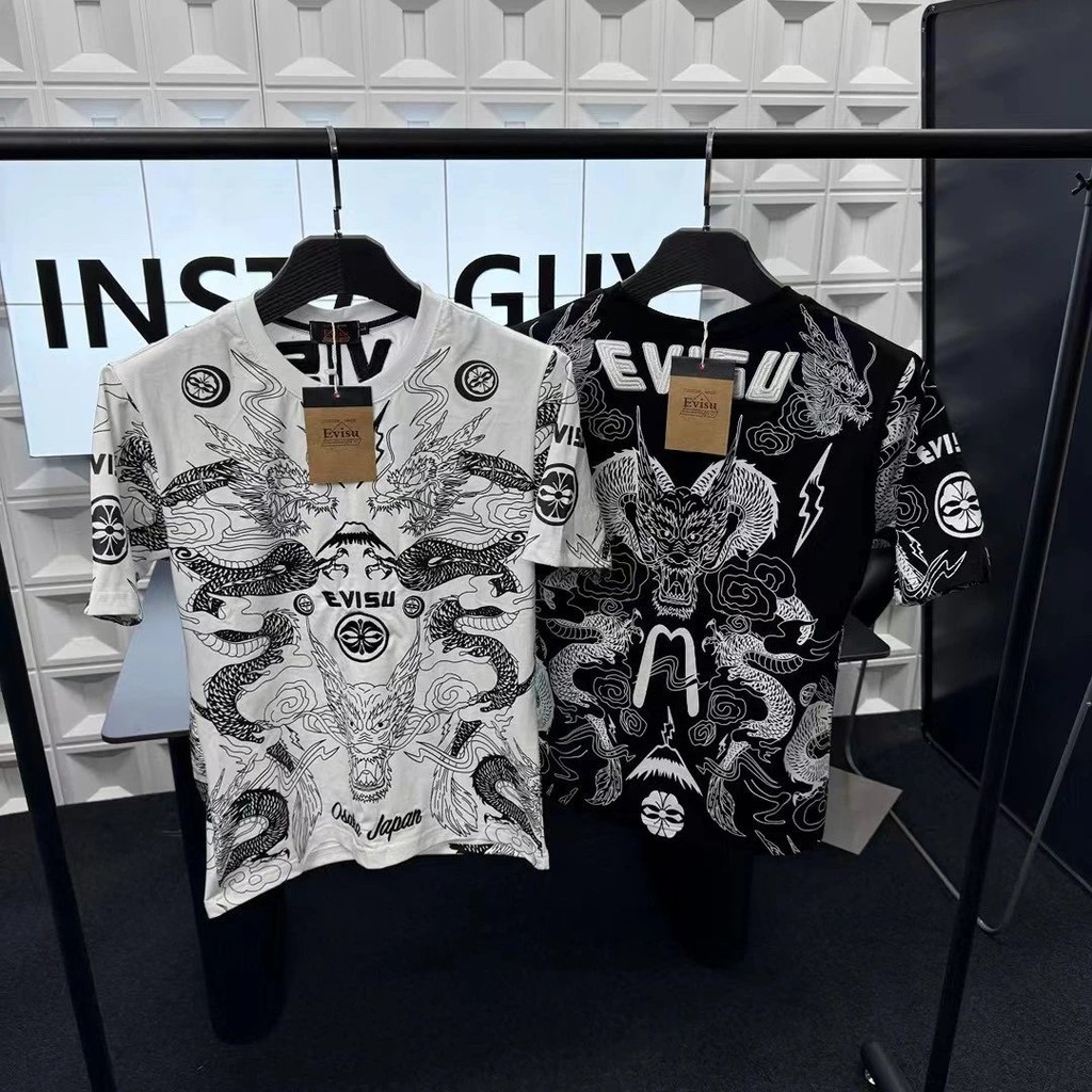 ใหม่ แขนสั้น แนะนํา⭐Evisu Fushen Heavy Industry ปักตัวอักษรพิมพ์ Nine-Pattern Dragon แขนสั้น Three-S