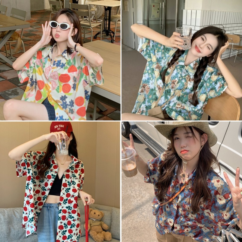 Bella Shop  เสื้อแฟชั่นหญิง เสื้อวินเทจ ลายพิมพ์สไตล์รีสอร์ทสไตล์แคชชวล