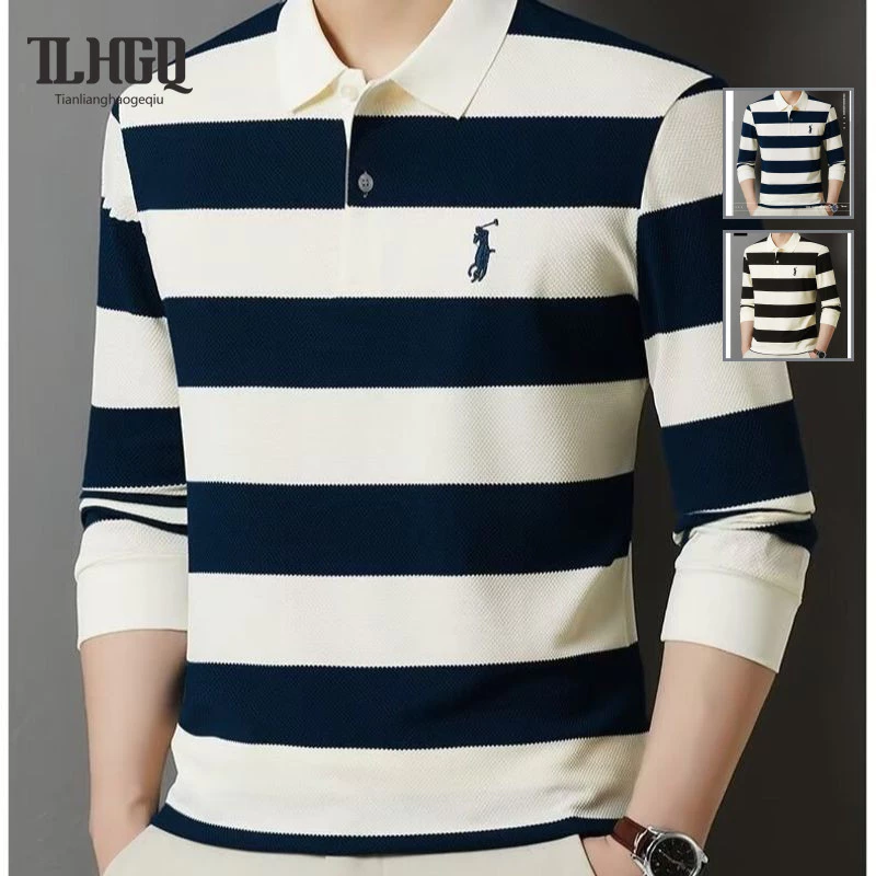 TLHGQ เสื้อโปโลลายทางแขนยาวสำหรับผู้ชาย ใส่แล้วสบาย มีสไตล์