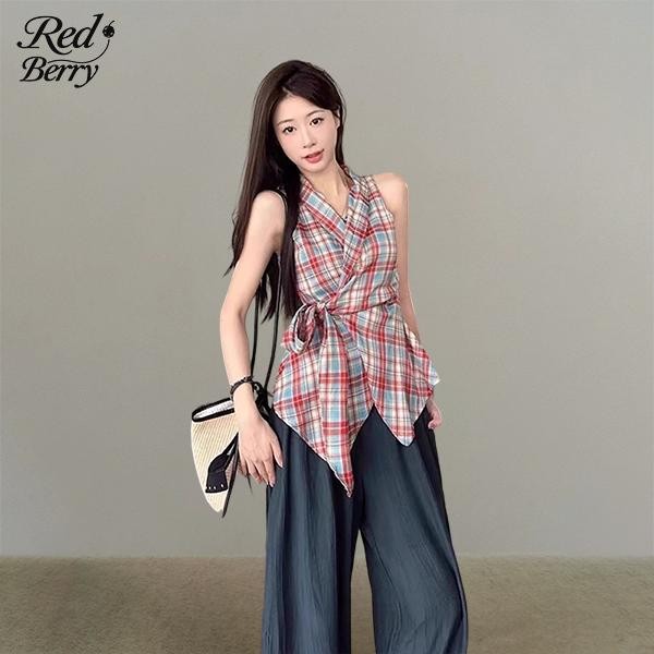Red Berryเสื้อกล้ามลายสก็อตโดพามีนสำหรับผู้หญิงในช่วงฤดูร้อน ทรงไม่สมมาตร เก๋ไก๋ หวาน ร้อนแรง แขนกุด99198
