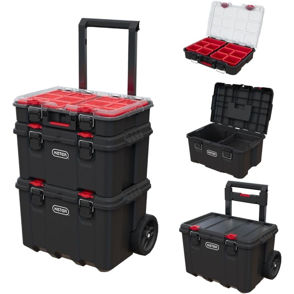 Keter Stack-n-Roll Modular Tools Organizer for Garage Storage and DIY, 3 Piece Resin Rolling Tool Bo