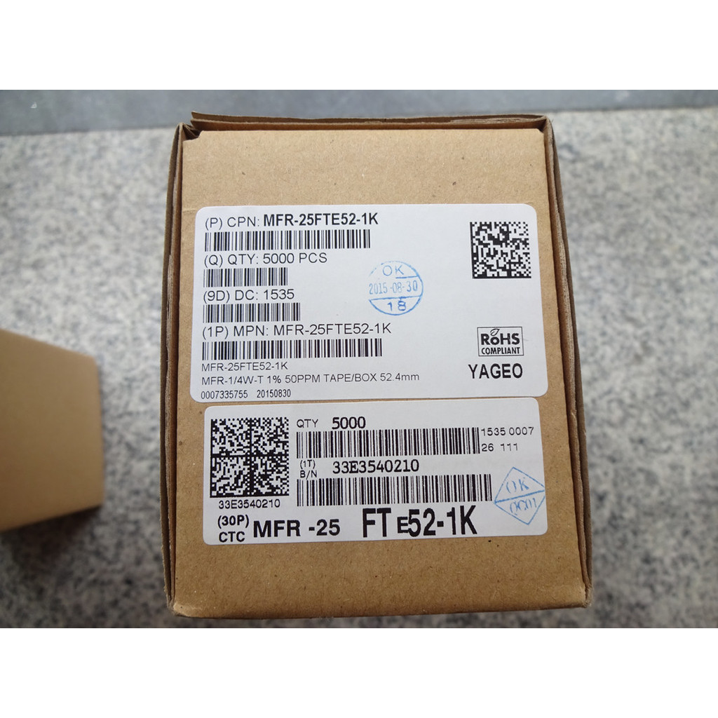 ไต้หวัน YAGEO YAGEO) ตัวต้านทานฟิล์มโลหะ 1/4W 1K 0.25 W 1K 1% 100 ชิ้น/10 หยวน