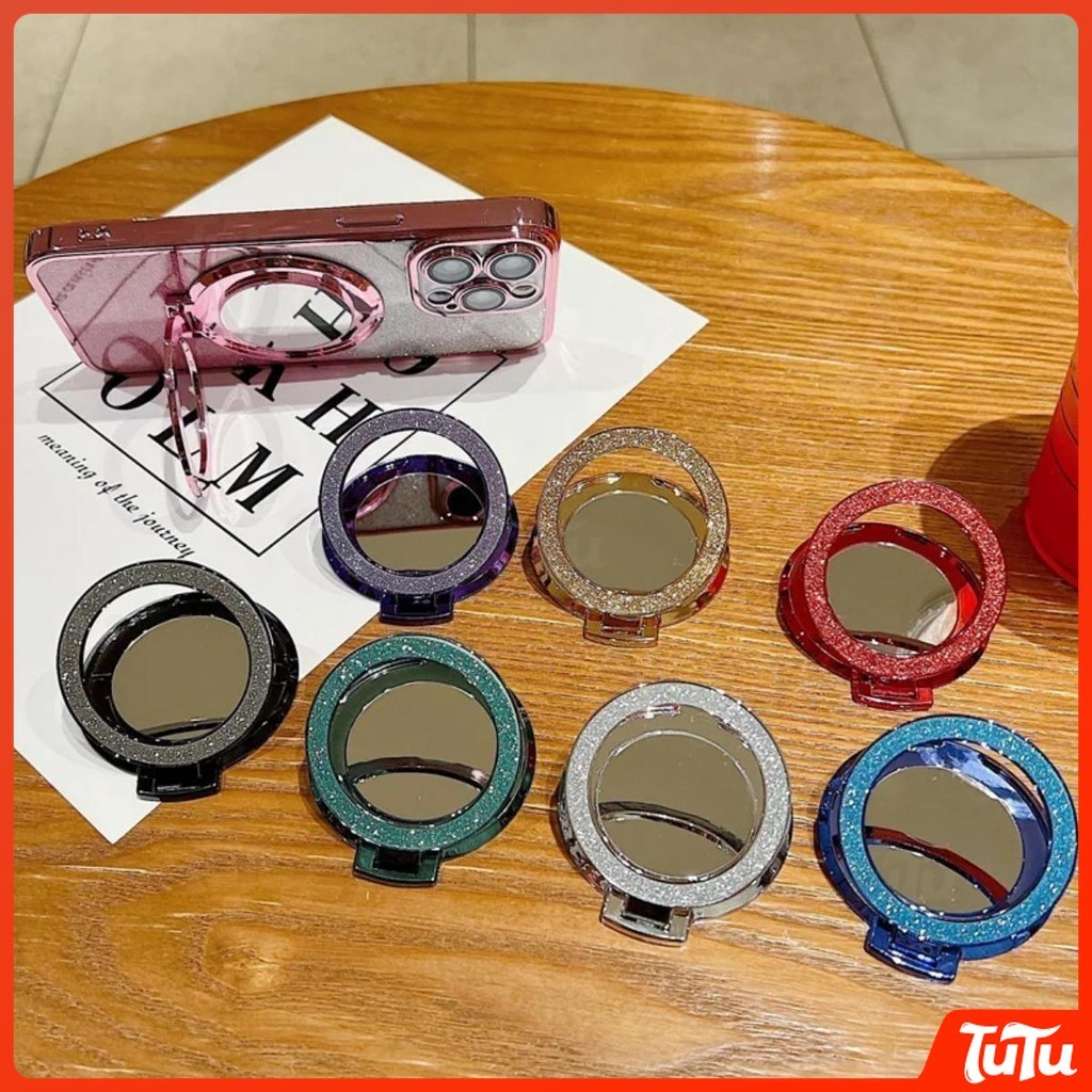 TuTu โทรศัพท์มือถือวงเล็บสากลหัวเข็มขัดกาวเจาะแวววาว, กระจกแต่งหน้ายึดสร้างสรรค์, หัวเข็มขัดแหวนนิ้ว, ขาตั้งตั้งโต๊ะ, โลหะหรูหราที่วางกระจกแต่งหน้าแม่เหล็ก