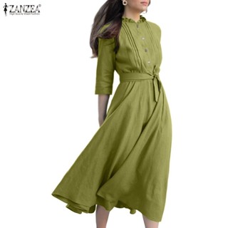 ชุดเดรสวินเทจลำลอง คอตั้งครึ่งกระดุม แขน 3/4 และผูกเชือก สไต…