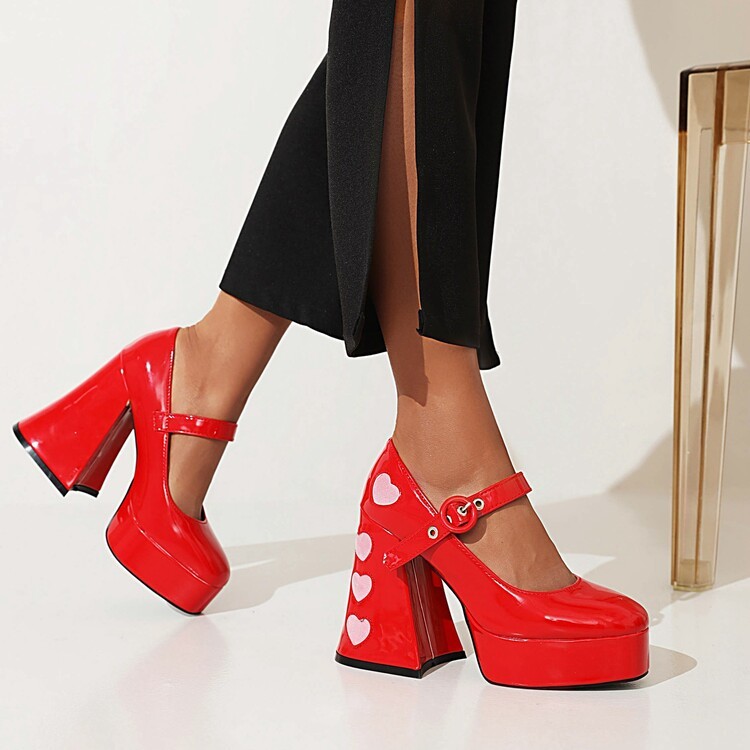 MTH35-43 รองเท้าMary Jane สไตล์ฤดูใบไม้ผลิ สีแดงToeสแควร์ ส้นหนาทรงฝรั่งเศส พิมพ์ลายหัวใจและสายคล้อง