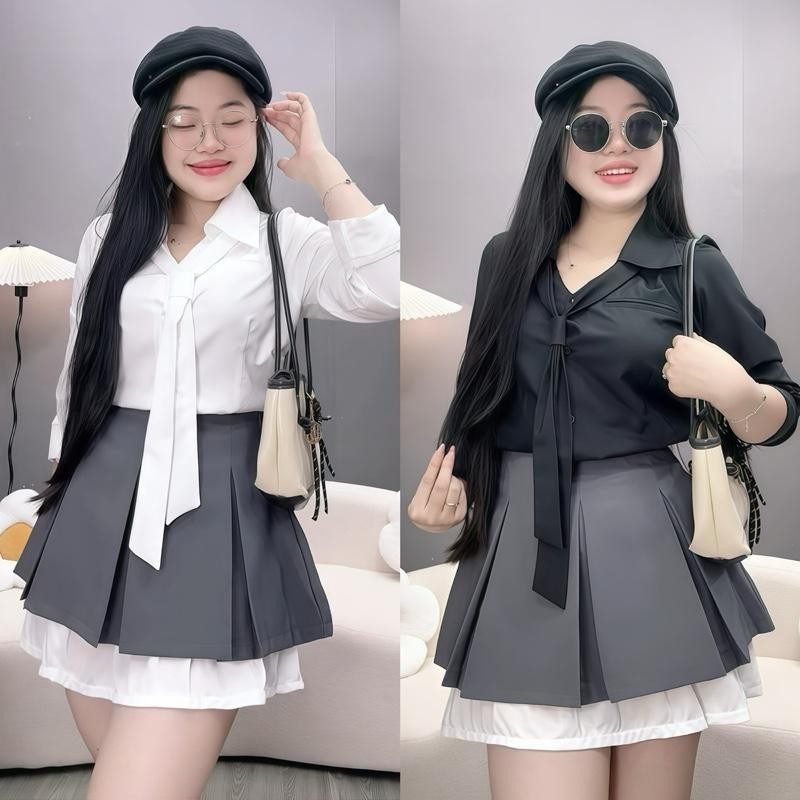 Set เสื้อเชิ้ตผู้หญิงสํานักงานขนาดใหญ่พร้อมเนคไทและกระโปรงเทนนิสเอวสูงพร้อมการป้องกัน - SET (SM168+C