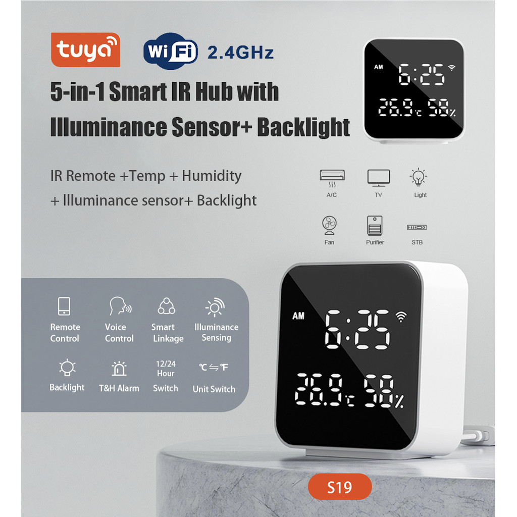 Tuya 5-in-1 Smart IR (S19) อุปกรณ์เปิดปิดแอร์ ทีวีนอกบ้านผ่านแอป สัญญาณ Wi-Fi สั่งด้วยเสียง Google Home Alexa