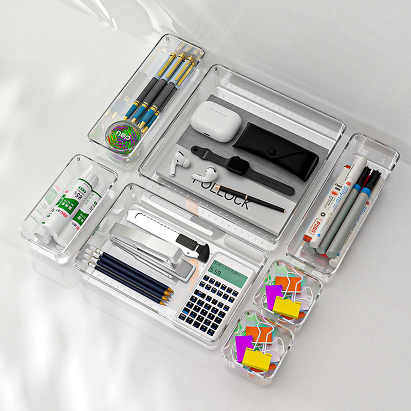 7/16/25 ชิ้น กล่องจัดระเบียบลิ้นชักโปร่งใสอเนกประสงค์สำหรับห้องน้ำและโต๊ะเครื่องแป้ง ถาดจัดระเบียบลิ้นชักสำหรับเก็บเครื่องสำอาง ห้องนอน อุปกรณ์ครัว ห้องครัวและสำนักงาน - รูปที่ 3