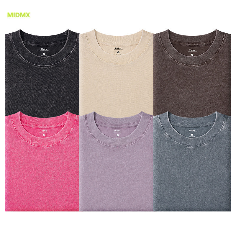 MIDMX เรโทร เสื้อฟอกวินเทจ  ดีไซน์คลาสสิค สไตล์อเมริกัน ผ้าฝ้าย100% 8 สีที่สามารถซักได้
