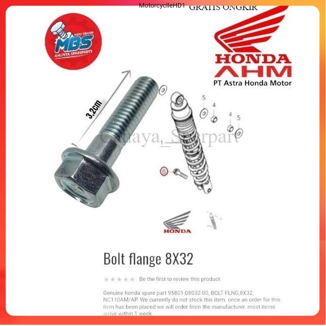 1 ชิ้น BOLT FLAANGE M8 32 มม. 95801-08032-00 REAR SHOCK BOLT HONDA PCX ADV VARIO. 3.2ซม. LONG SHOCKB