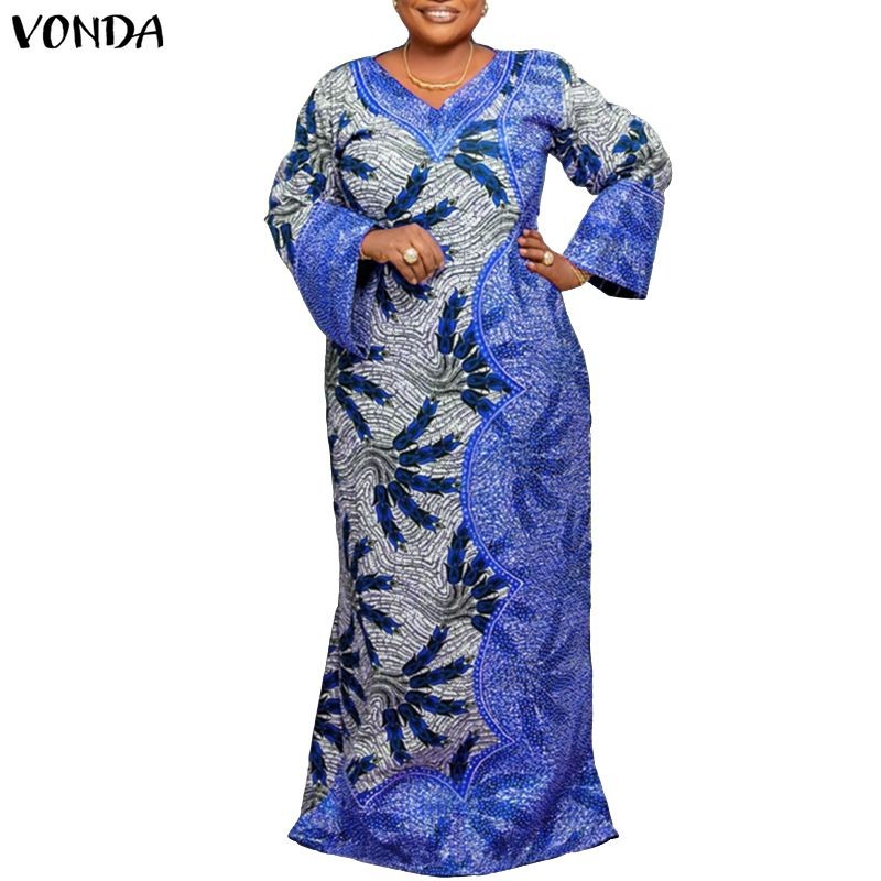VONDA ชุดเดรสแขนยาวลาย Splicing สำหรับผู้หญิง